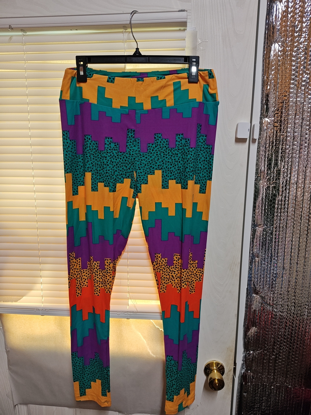LuLaRoe Colorblock Geometric Leggings in Purple, Teal, Yellow, Orange, Red - Picture 1 of 5